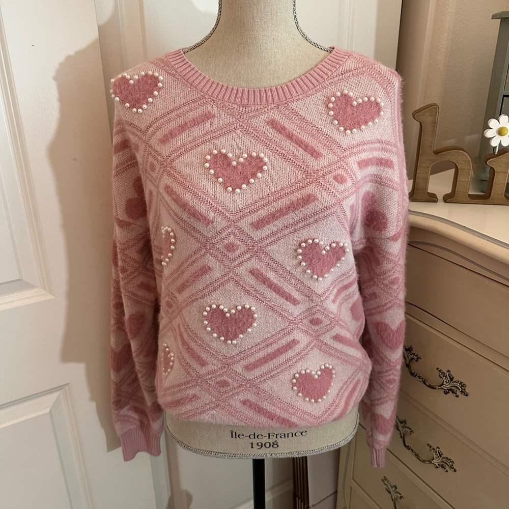 Pink Heart Patterned Women's Sweater - Picture 2 of 3